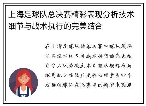 上海足球队总决赛精彩表现分析技术细节与战术执行的完美结合